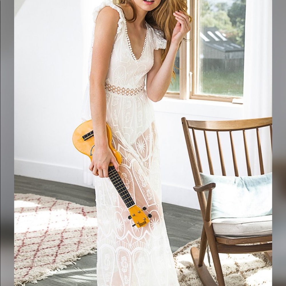 NWT Cupshe Sexy, Sheer Lace White Maxi Dress